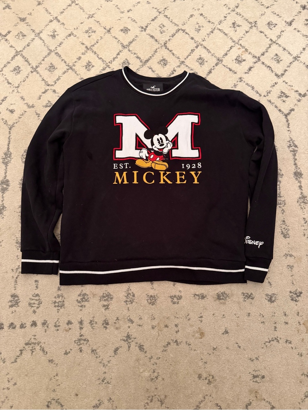 Hollister Men's Black Mickey Mouse Crewneck Sweatshirt with Red & Yellow Accents